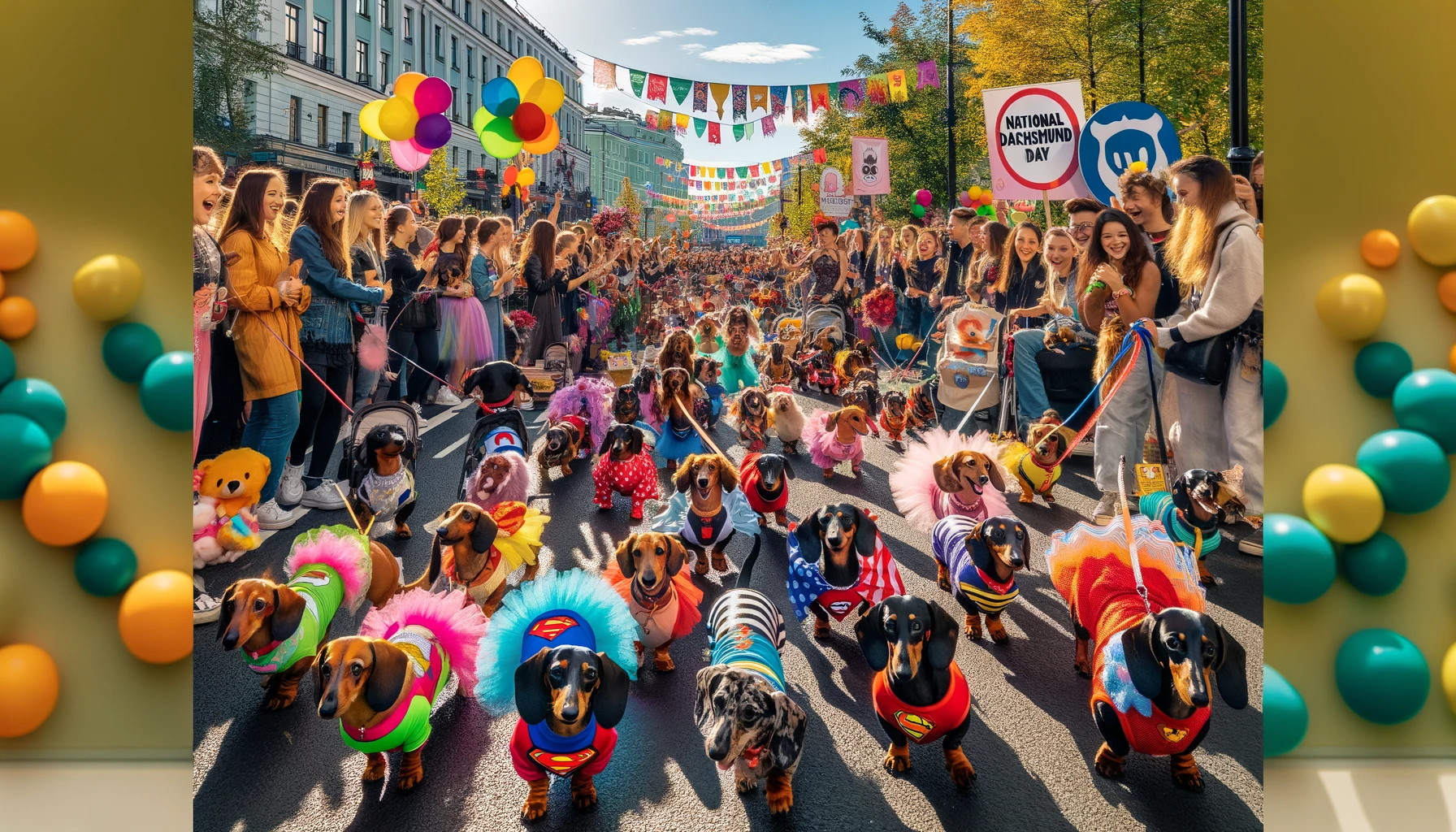 National Dachshund Day street parade with costumed dachshunds and festive decorations